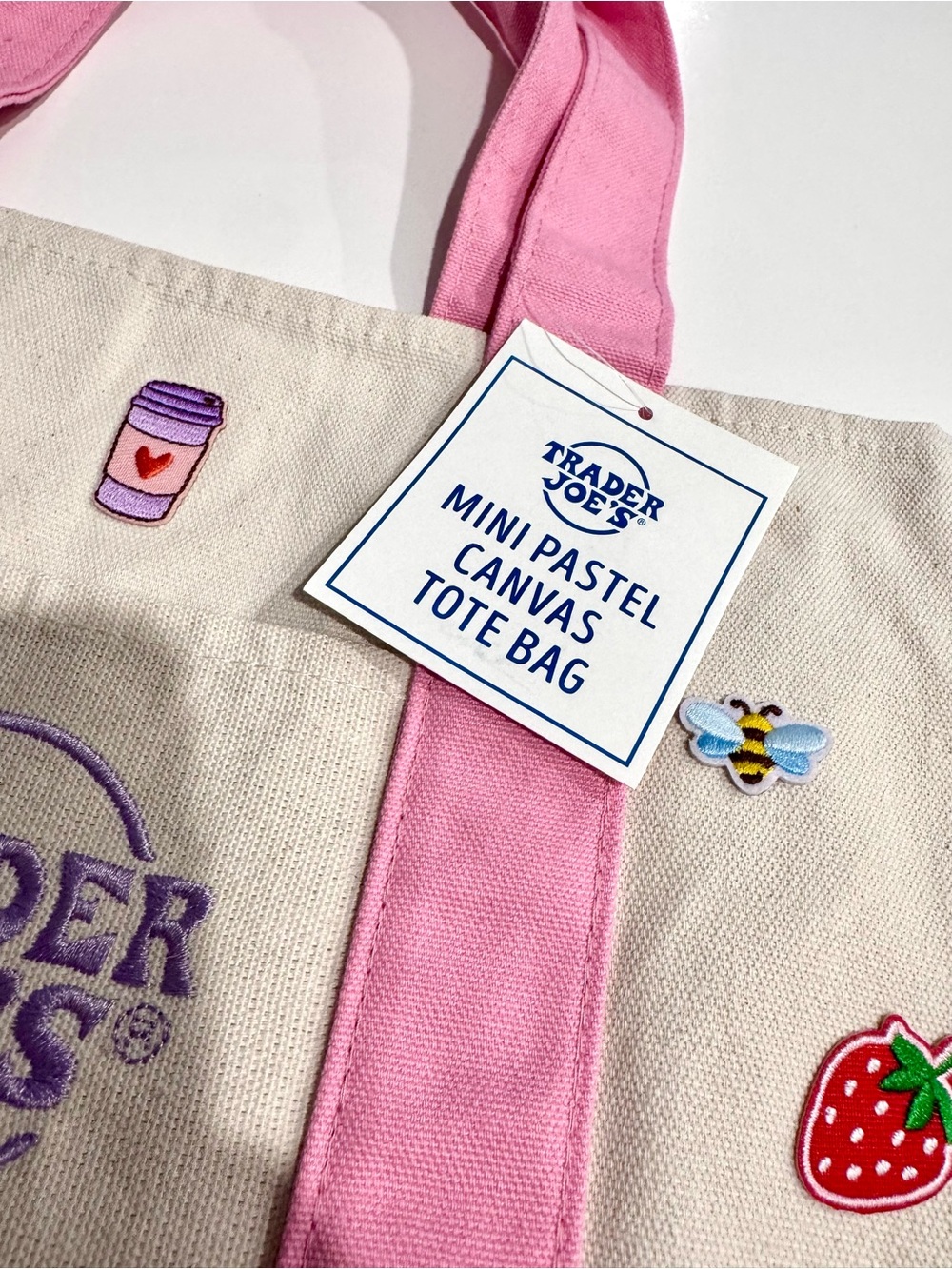 Trader Joe's Mini Pastel Canvas Tote Bag - Pink & Cream, Personalized - Picture 2 of 7